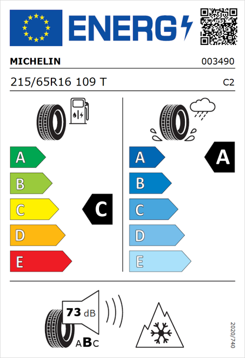Tyre Label for Michelin Agilis CrossClimate 215/65R16 109T