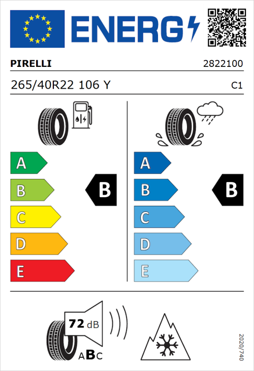 Tyre Label for Pirelli Scorpion Zero All Season 265/40R22 106Y