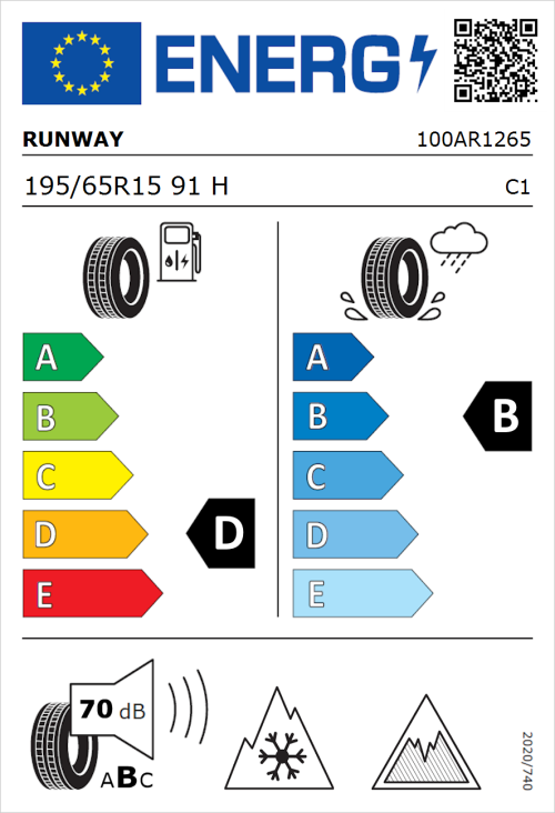 Tyre Label for Runway Enduro 75 All Season Performance 195/65R15 91H