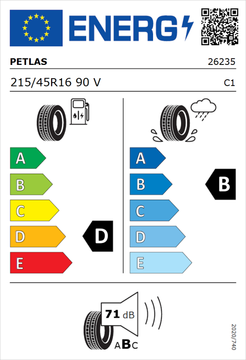 Tyre Label for Petlas Velox Sport PT741 215/45R16 90V