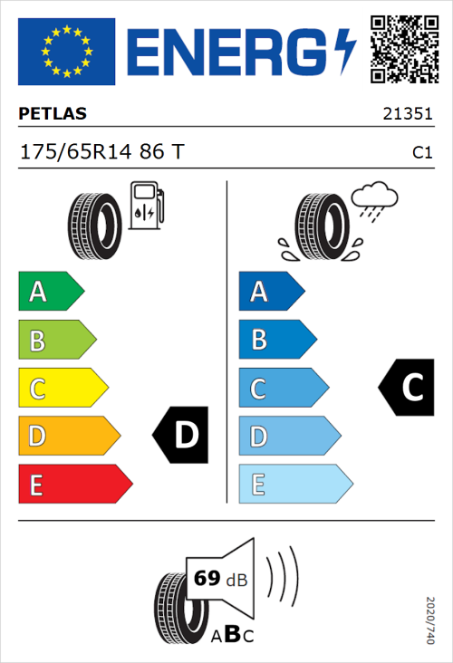 Tyre Label for Petlas Elegant PT311 175/65R14 86T