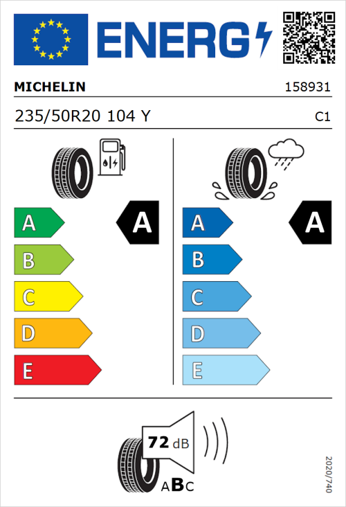 Tyre Label for Michelin Pilot Sport 5 Energy 235/50R20 104Y